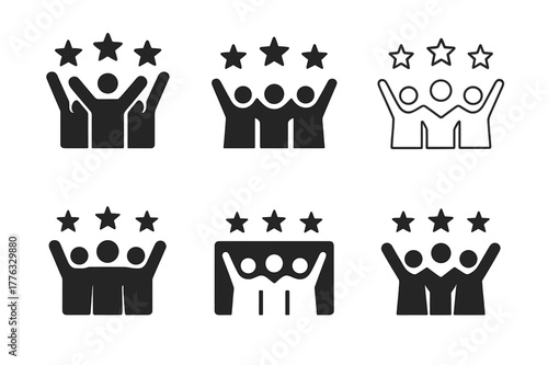Five-Star Emblem Variations. audience reaction. Set Logo of audience reaction: Five-star rating cheer. Icon set. harmonious logo variations of the same
