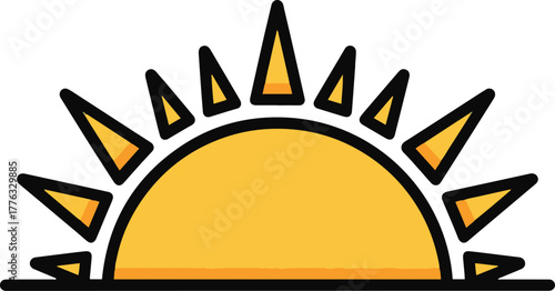 A vibrant vector cartoon illustration of a sunrise or sunset, showing a semi-circular yellow sun with sharp, radiating sunbeams and a bold black outline, positioned above a thin black horizon.
