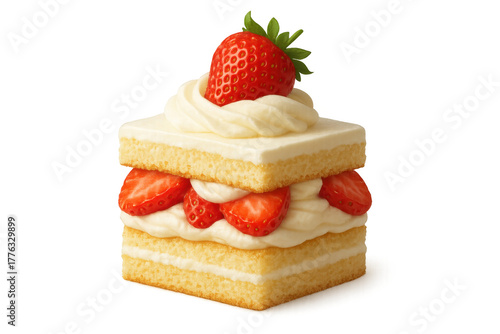 Fresh strawberry shortcake with whipped cream layers, a delicious sweet dessert food on transparent background