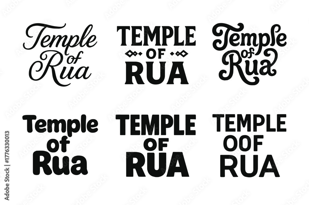 Obraz premium Emblematic Lettering Variations. Temple of Rua. Set lettering. harmonious lettering variations of the same emblematic concept, each with different artistic
