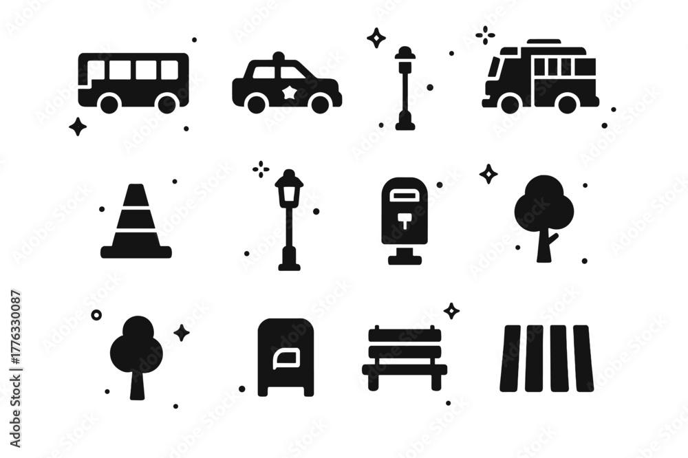 Fototapeta premium City Icons. City Elements. Solid icons set of City Elements: bus, police car, fire truck, taxi, construction cone, lamppost, stoplight, tree,