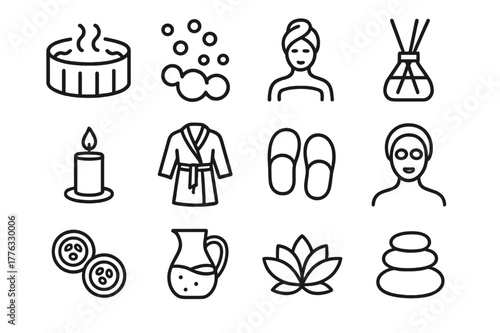 Spa Wellness Icons. Spa and Wellness. Line icon set of Spa and Wellness: jacuzzi, hot tub bubbles, towel wrap, aroma diffuser, candle, bathrobe, slippers, face