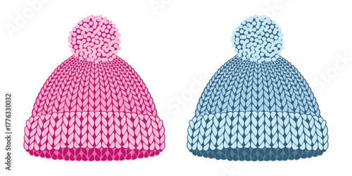 A set of Cute Blue and Pink Hats for Boys and Girls. Cozy Knit Beanies with Pom‑poms. Isolated Vector illustration.