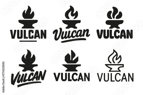 Vulcan Emblem Variations. Emblem of Vulcan. Set lettering. harmonious lettering variations of the same emblematic concept, each with different artistic