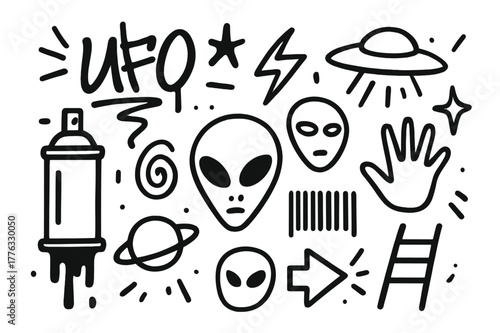 Alien Graffiti Icons. Alien graffiti. Hand-drawn doodle illustration alien graffiti spray can, paint drip, wall, UFO tag, alien head, barcode glyph, spiral,