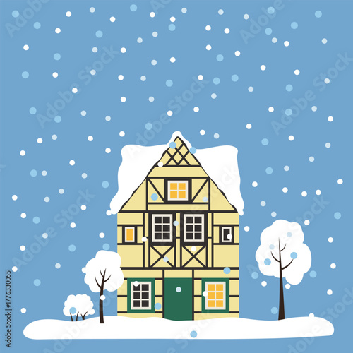 Cozy European house and trees covered with snow for New Year and Christmas. A German building Isolated vector illustration.