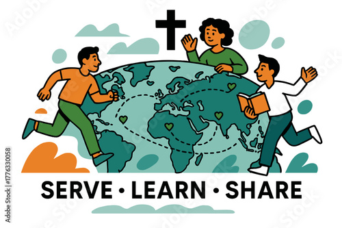 Global Mission Map. Global Mission Map. A gentle cross icon sits above a world map with dotted flight paths; small hearts mark partner communities. Text reads