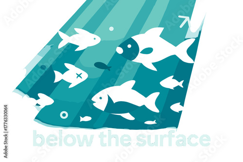 Underwater Serenity. Soft Light Rays ? Ocean Depths. Diffused beams break through blue water; fish silhouettes drift through luminous streaks. Caption ?below