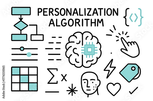 Personalization Algorithm Doodle. // Personalization algorithm. Hand-drawn doodle illustration Personalization algorithm [flowchart (accented), code brackets
