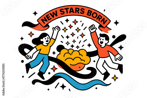Cosmic Star Celebration. Cosmic Birth Announcement. Tiny star icons pop like confetti from a glowing cradle of gas; a banner reads ?New Stars Born.? Dust lanes