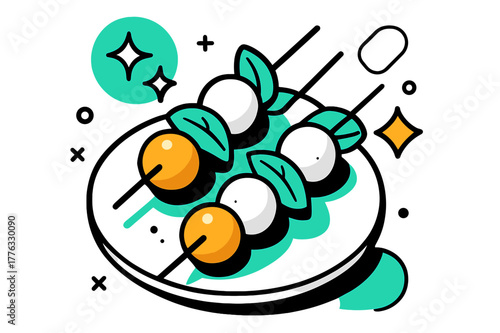 Caprese Art Platter. Caprese Skewers. Close-up of plated caprese skewers with floating abstract geometric shapes and soft glowing accents, fresh and delicious