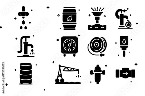 Sustainable Irrigation Icons. Sustainable irrigation systems. Solid icons set of Sustainable irrigation systems: drip emitter, rain barrel, sprinkler head,