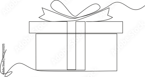 Minimalist one line drawing of a gift box, elegant wrapped present illustration for birthday and celebration design concepts.