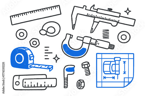 Metal Measuring Tools. // Metal measuring tools. Hand-drawn doodle illustration Metal measuring tools [steel ruler (accented), caliper (accented), micrometer