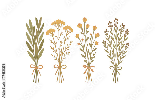 dried herbs and flowers tied bundles natural calm beauty no outline flat vector illustration style isolated on white background warm muted hues