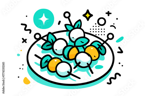 Caprese Art Platter. Caprese Skewers. Close-up of plated caprese skewers with floating abstract geometric shapes and soft glowing accents, fresh and delicious