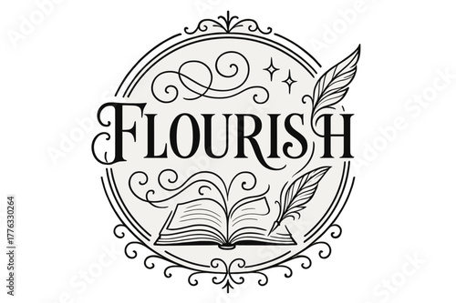 Elegant Flourish Design. Book Cover ? Flourish Lettering; classic high-contrast serif with medium swashes and tidy curls; circular crest composition with thin
