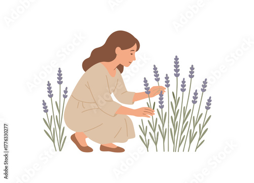 woman wearing linen dress picking lavender gentle sensory experience no outline flat vector illustration style isolated on white background calm tones