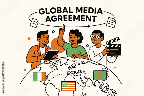 Global Media Treaty. Television licensing and regulations ? International broadcast treaty. Flags stylized as geometric color blocks; dotted lines connect