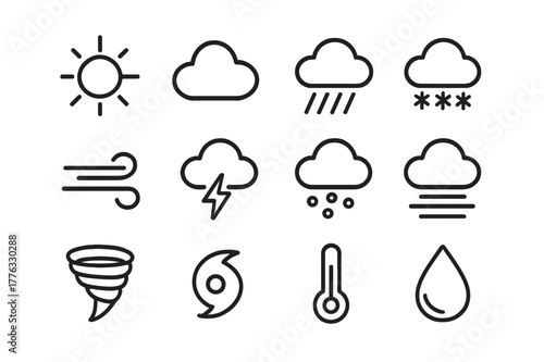 Weather Icons Grid. Weather. Line icon set of Weather: sun, cloud, rain, snow, wind, storm, fog, hail, tornado, hurricane, temperature, humidity. All outline