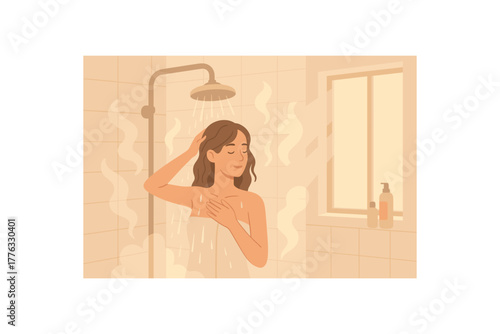 soft morning shower scene steam sunlight relaxation beginning of day no outline flat vector illustration style isolated on white background soft neutral palette