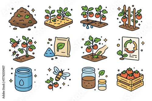 Colorful Tomato Farming Icons. Organic tomato farming. Colorful isometric vector icons set of Organic tomato farming: compost heap, mulch layer, drip