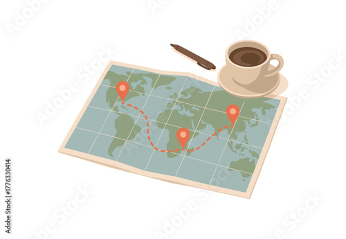 map spread on table cup of coffee and pen travel planning no outline flat vector illustration style isolated on white background muted gentle tones