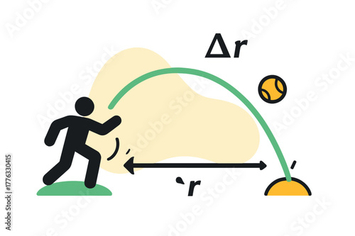Geometric Ball Trajectory. Projectile Motion Path. A ball arcs across air while a single vector shows direct displacement between start and landing. ??r?