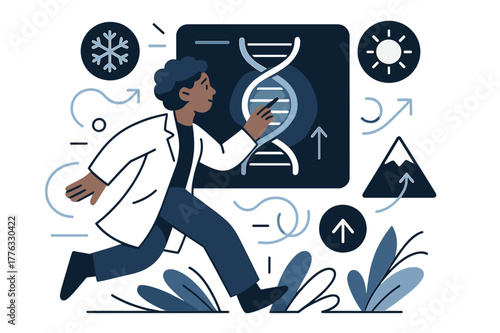 Genetic Engineering Interface. Future genetic engineering. Scientist adjusting glowing DNA in digital interface surrounded by icons of snow, sun, and altitude.