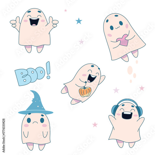 Seth small cartoon ghosts, Halloween party, kids, design