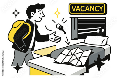 Neon Motel Vibes. Road trip motel. He tosses keys onto a pastel counter as a neon ?Vacancy? hums; a map unfolds like wings on the bed. Headlights draw parallel