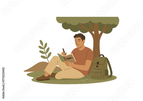 writing travel journal outside under tree relaxed mood no outline flat vector illustration style isolated on white background muted earthy colors