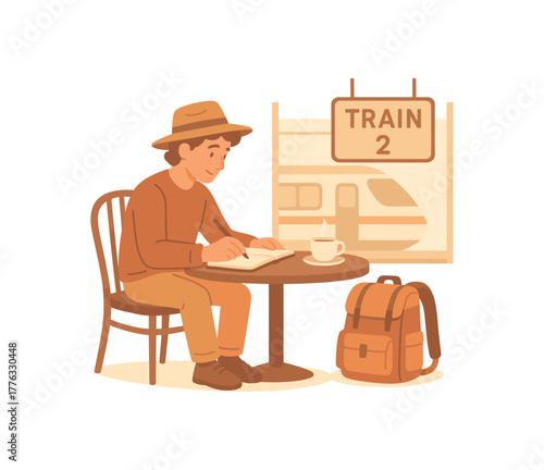 traveler sitting caf journaling while waiting for train no outline flat vector illustration style isolated on white background gentle warm hues