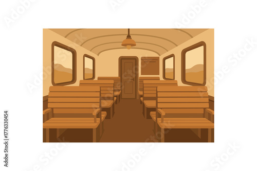 old train interior wooden seats nostalgic slow travel style no outline flat vector illustration style isolated on white background muted warm hues