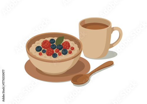 warm breakfast oatmeal berries and tea simple morning calm no outline flat vector illustration style isolated on white background muted natural hues