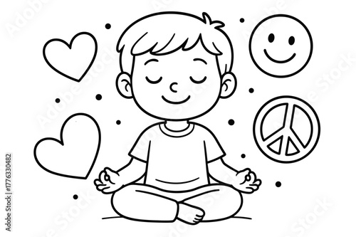 Peaceful Child's Coloring Page. Meditation and emotions children?s coloring book illustration, outlined drawing, a child sitting calmly surrounded by heart,