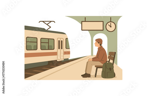 train station quiet platform traveler waiting calmly no outline flat vector illustration style isolated on white background muted natural palette