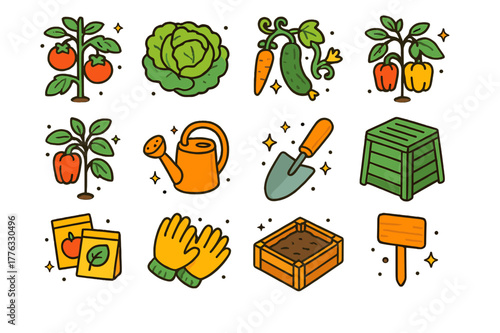 Vegetable Garden Icons. Vegetable garden essentials. Colorful isometric vector icons set of Vegetable garden essentials: tomato plant, lettuce head, cucumber