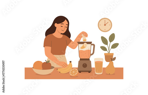morning fruit smoothie preparation healthy lifestyle routine no outline flat vector illustration style isolated on white background muted warm tones