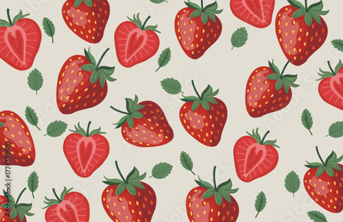 Strawberry Background with green leaves