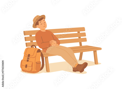 traveler resting on bench backpack nearby peaceful moment no outline flat vector illustration style isolated on white background gentle warm palette