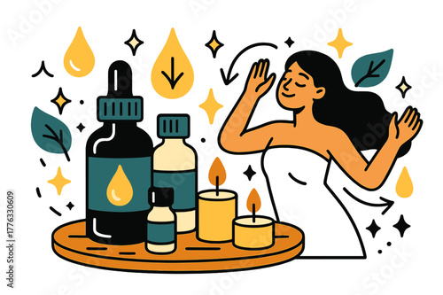 Soothing Aromatherapy Scene. Aromatherapy oils. Spa treatment table with essential oils, candles, and abstract floating icons, droplets, and sparkles; conveys
