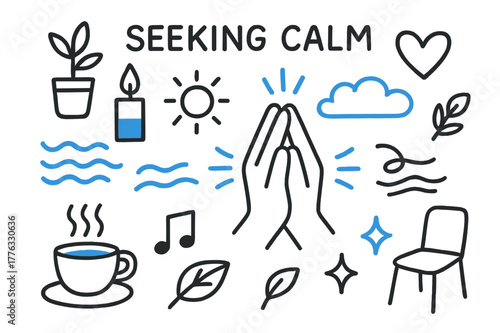 Serene Symbols Collection. // Seeking calm. Hand-drawn doodle illustration Seeking calm [hands clasped (accented), deep breath lines (accented), plant, candle