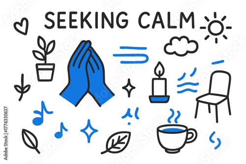 Seeking Calm Doodle. // Seeking calm. Hand-drawn doodle illustration Seeking calm [hands clasped (accented), deep breath lines (accented), plant, candle