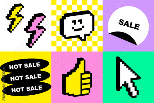 Y2k sale offer seamless pattern. Mosaic grid bg with promotion hot sale icons of lighting flash, smiling face. Nostalgic retro digital background in bright yellow, pink, green, purple, black colours