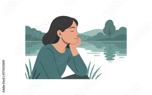daydreaming near lake calm water reflection tranquil mind no outline flat vector illustration style isolated on white background muted cool colors