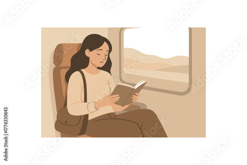 woman reading book on train relaxed slow journey moment no outline flat vector illustration style isolated on white background soft neutral tones