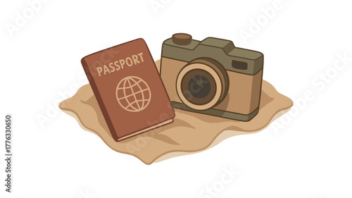 passport and camera on linen cloth soft travel composition no outline flat vector illustration style isolated on white background natural palette