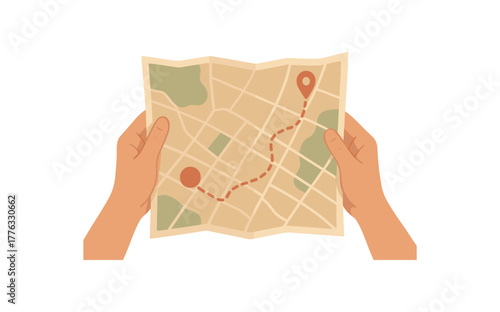 hands holding paper map slow exploration without hurry no outline flat vector illustration style isolated on white background soft earth palette