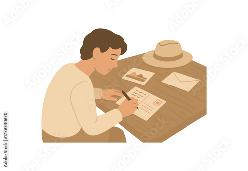 person writing postcard at wooden table quiet travel reflection no outline flat vector illustration style isolated on white background muted beige palette